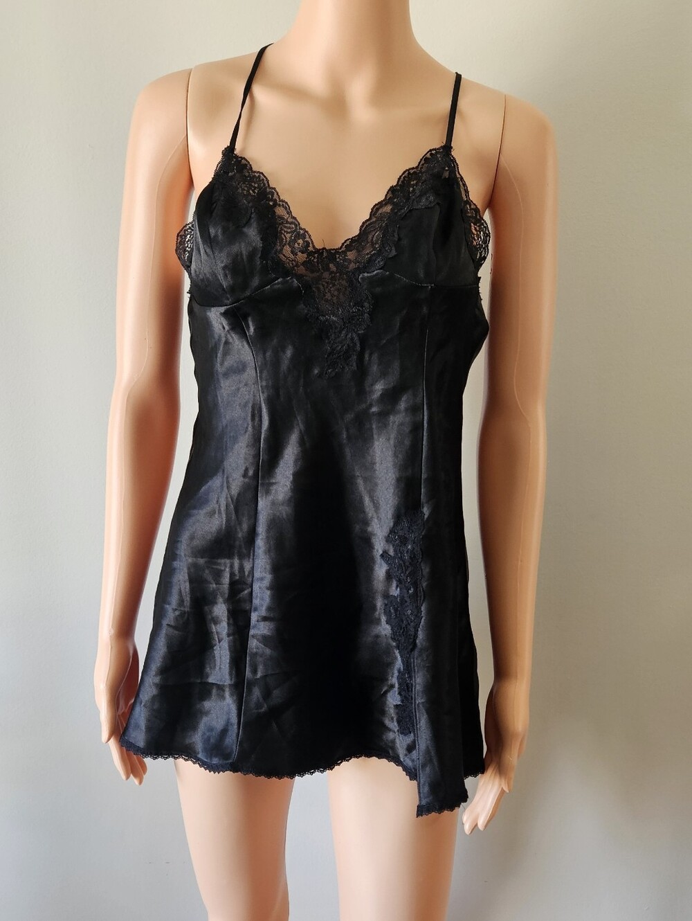 Frederick's of Hollywood Black Satin Lace Chemise